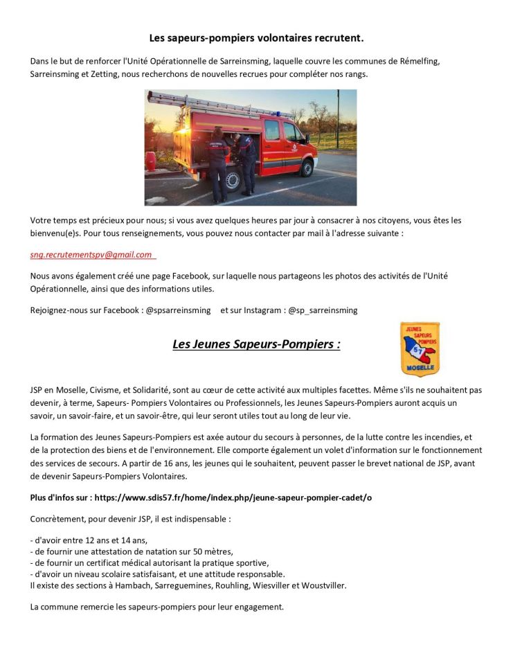 Recrutement de Sapeurs-pompiers volontaires