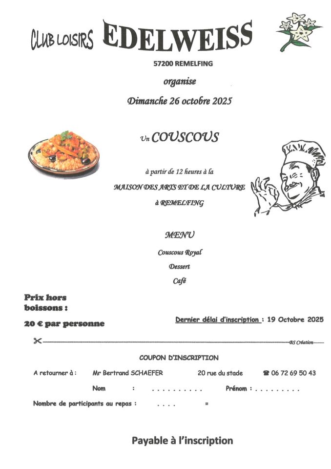 Voir l'article Repas Couscous organisé par le club loisirs Edelweiss Repas Couscous organisé par le club loisirs Edelweiss